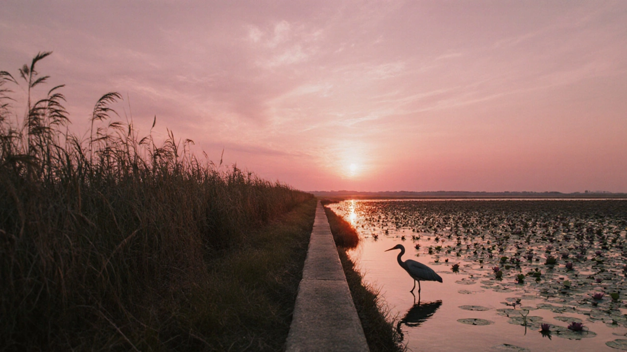 Астраханская набережная на закате: тростник, водяные лилии и розовое небо над дельтой Волги.