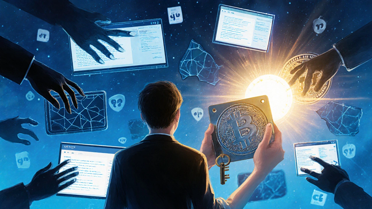 Человек держит металлическую пластину с ключом, а вокруг — разрушенные цифровые кошельки, один безопасный светится.