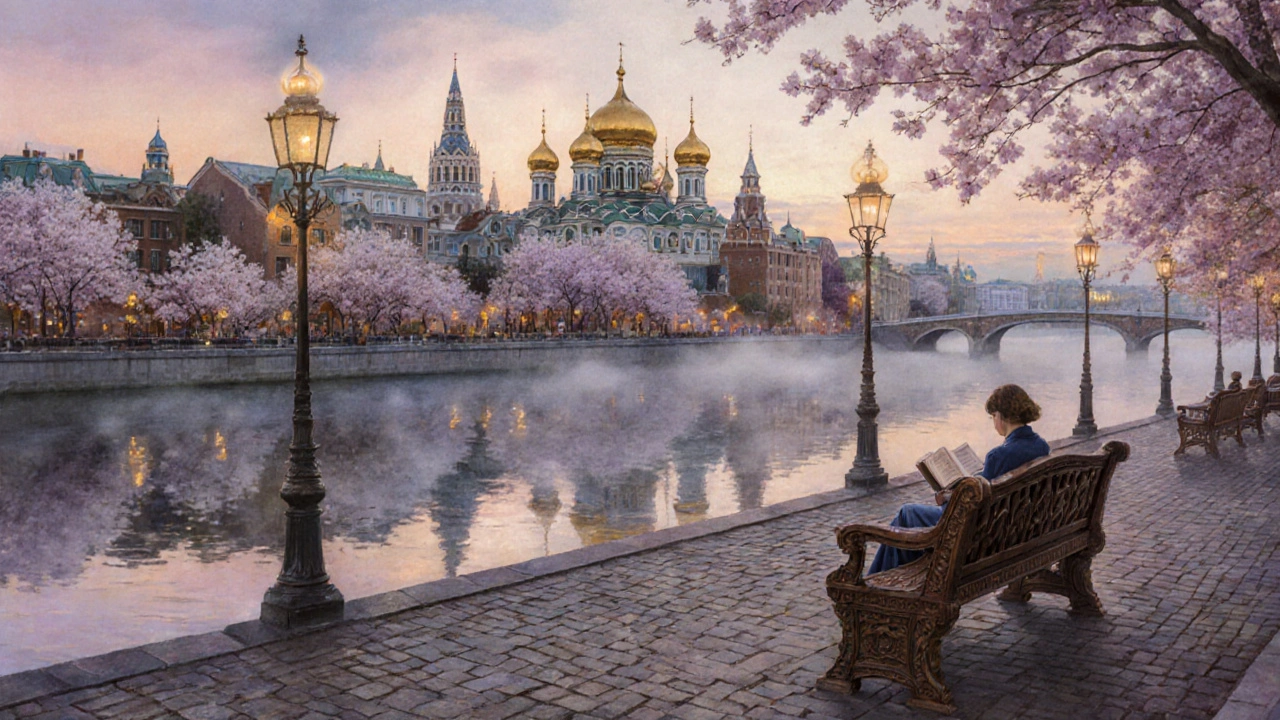 Казанская набережная вечером: купола Кремля отражаются в реке, сакуры и фонари создают атмосферу тишины.