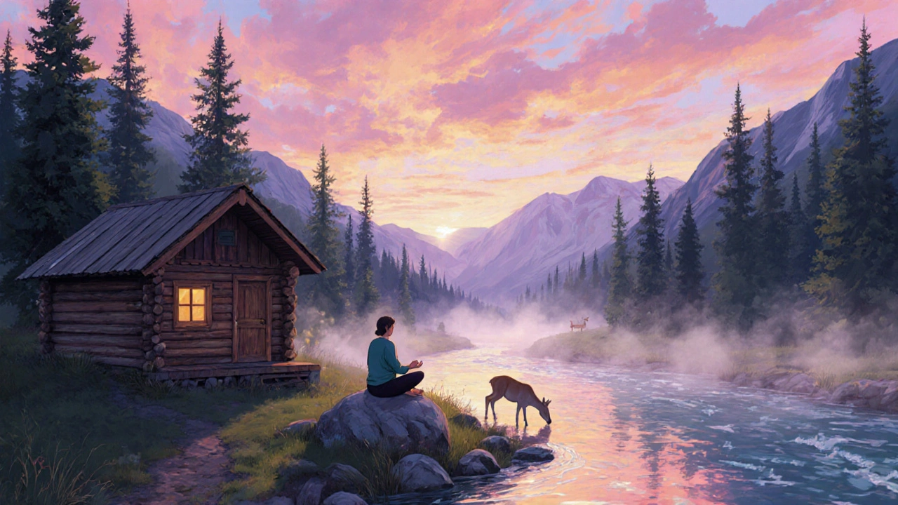 Алтай: утренний туман над рекой, человек медитирует у кабанов, рядом — олень.