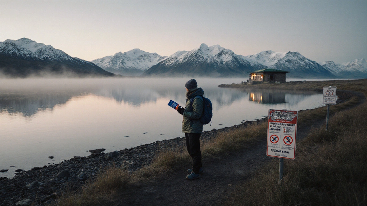 Байкал на рассвете с туристом и знаками экологической ответственности