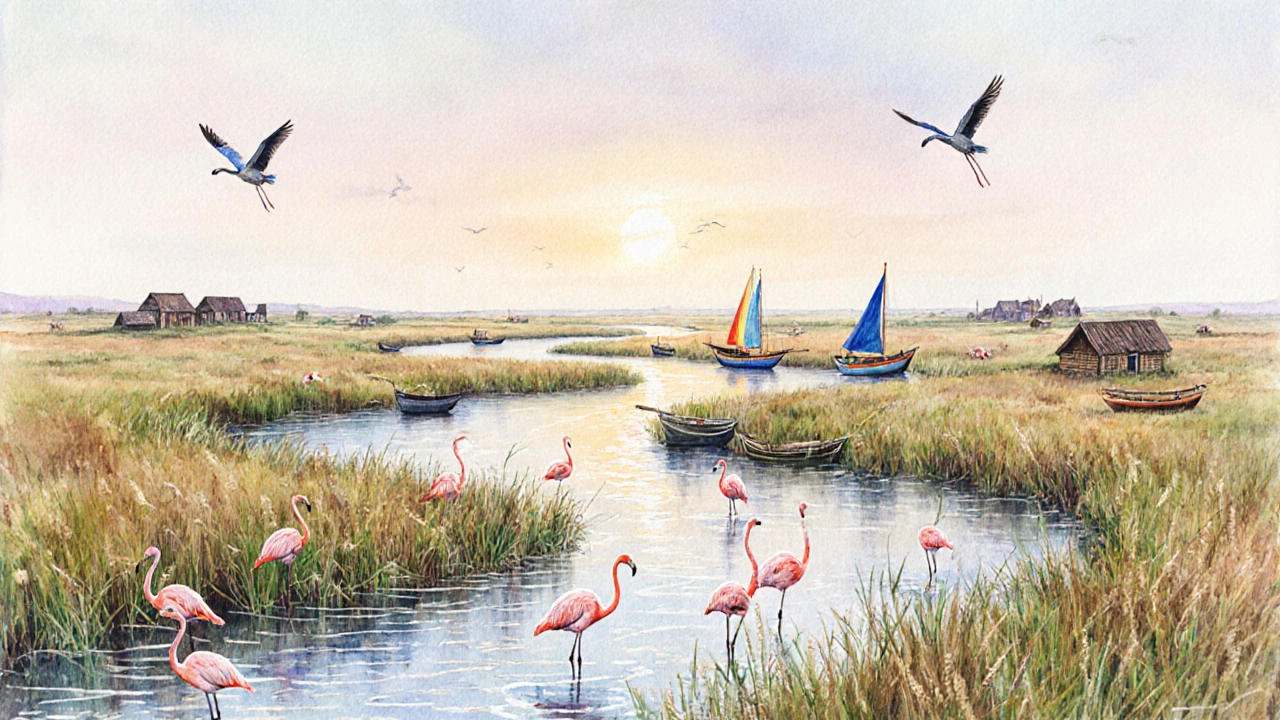 Дельта Волги в Астрахани с фламинго, лодками и разветвлёнными рукавами реки.