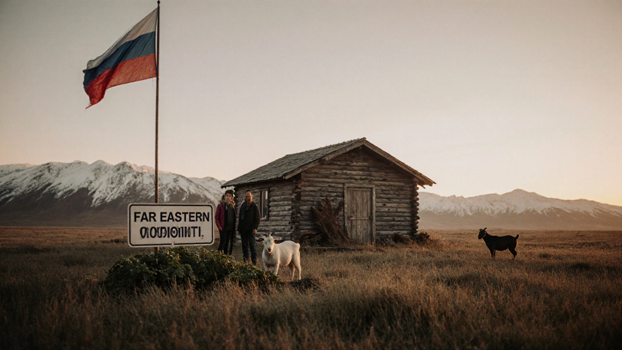 Дом на Дальнем Востоке, построенный своими руками, с огородом и козой на фоне гор.