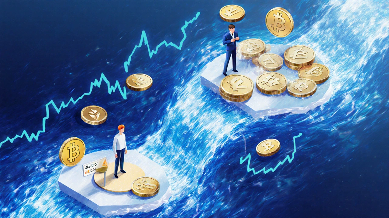 Два потока токенов — стейблкоинов и волатильных активов — сливаются в финансовый поток, символизируя ликвидность.