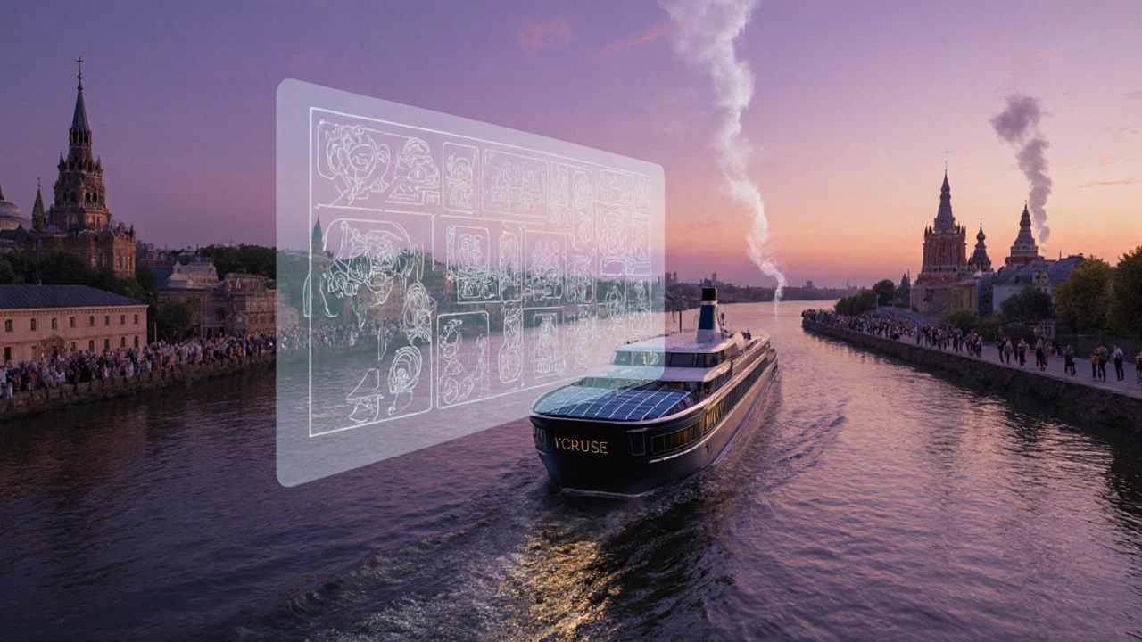 Экологический круизный корабль на Волге с солнечными панелями, проходит мимо старинных городов.