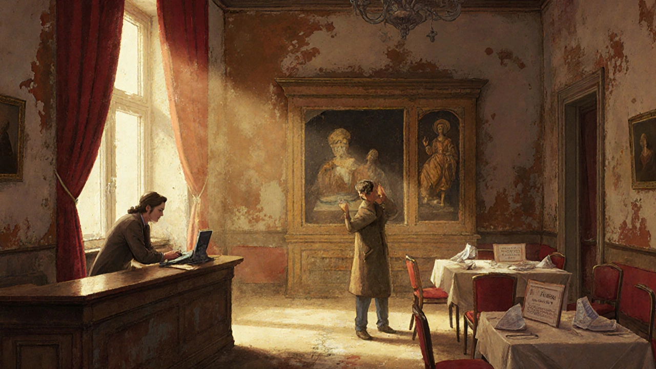 Гость в старом отеле пытается оплатить номер картой, но принимают только наличные.