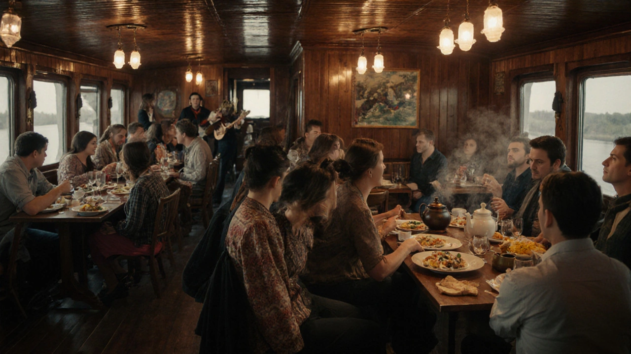 Гости ужинают на борту теплохода, на столе традиционные блюда, в фоне играют музыканты.