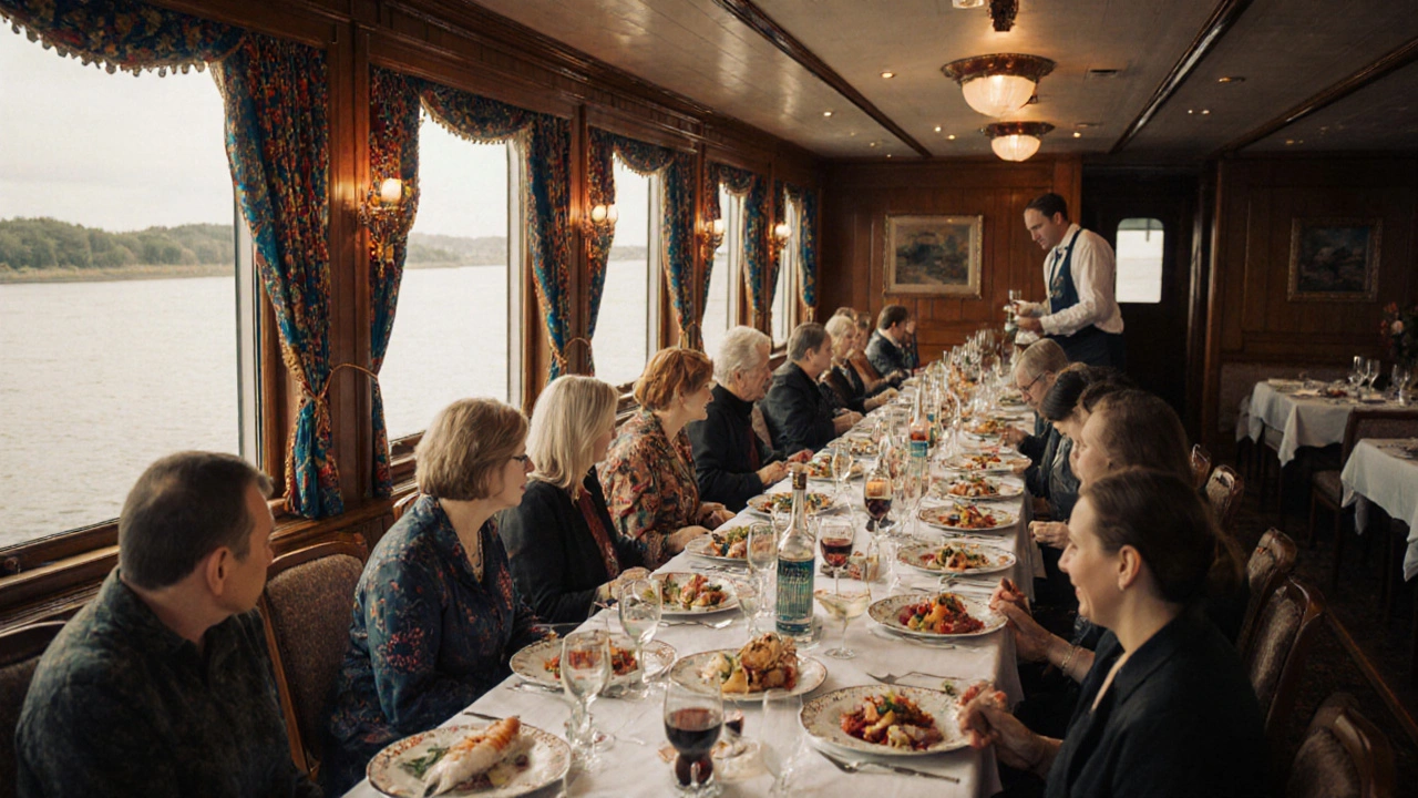 Гости в ресторане круизного судна ужинают с местными блюдами и вином, за окном — река и берега.