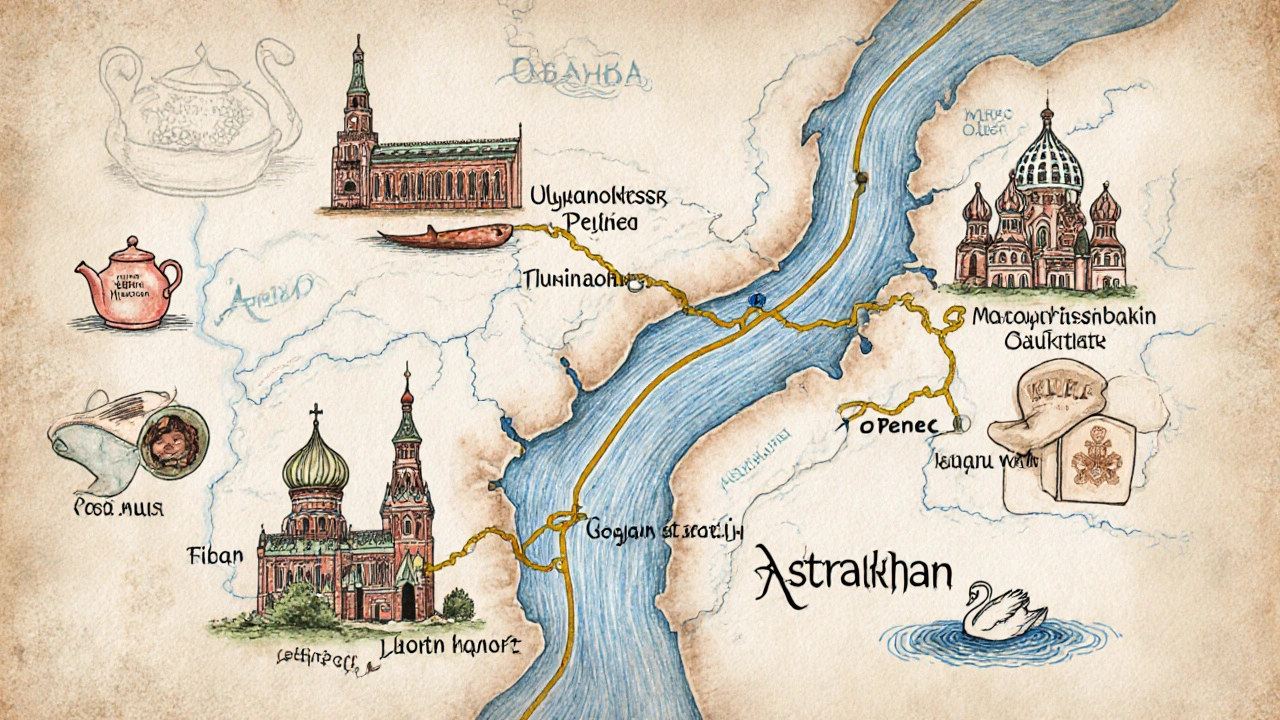 Художественная карта маршрута Волги 2025 года с ключевыми городами и культурными символами, соединенными золотой рекой.