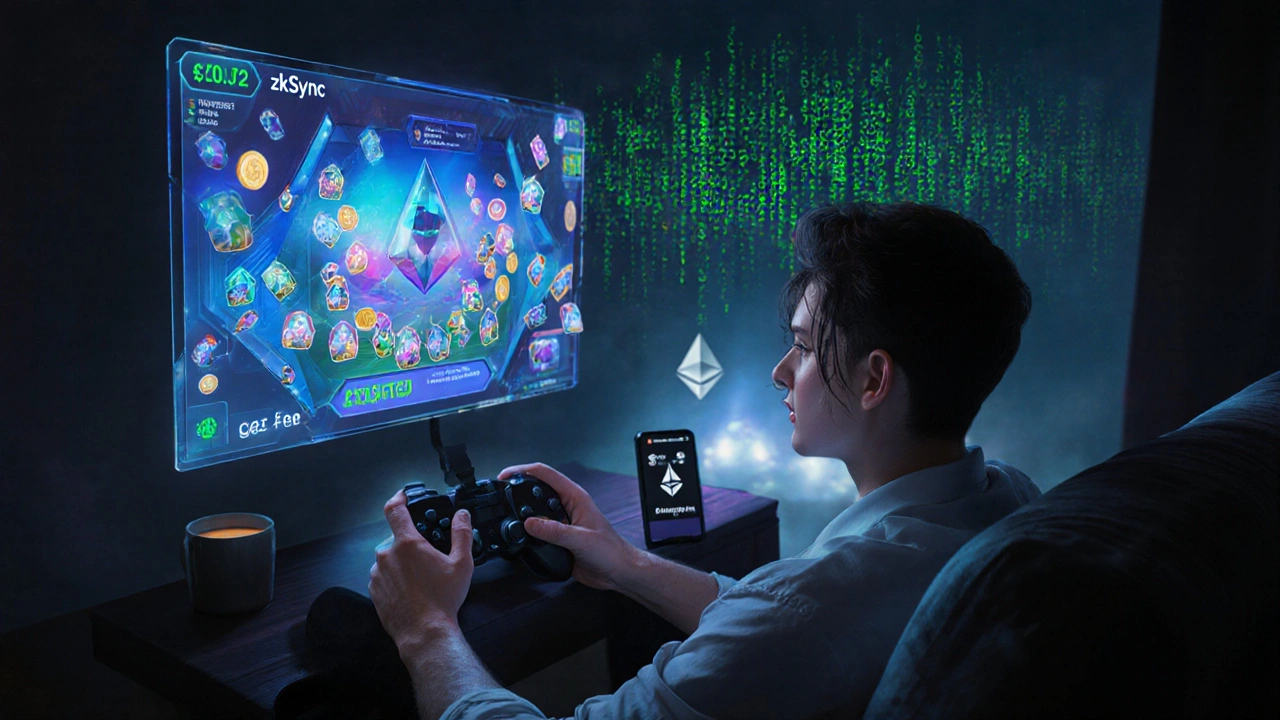 Игрок в NFT-игру с мгновенными подтверждениями транзакций, фоном — работающий zkSync и медленный Ethereum.