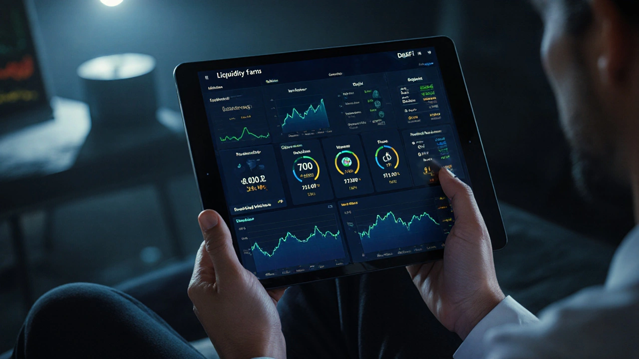 Инвестор наблюдает за доходностью ликвидности на экране с аналитическими дашбордами DeFi.