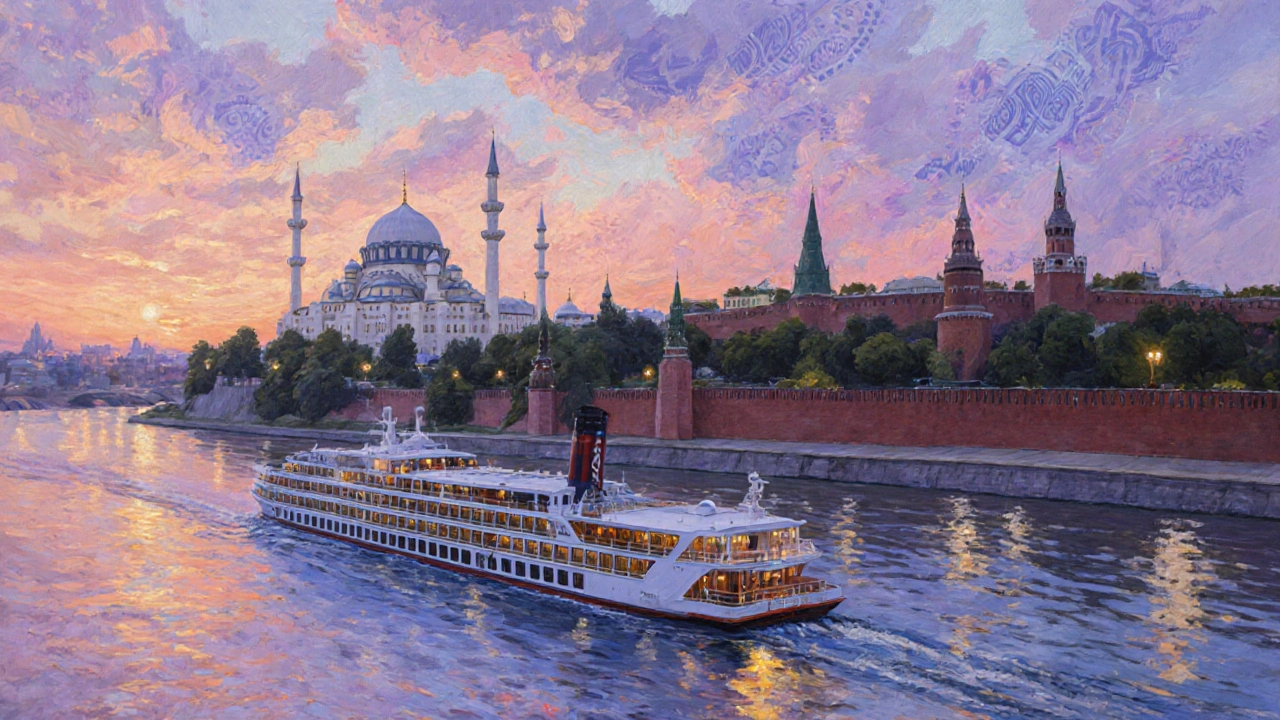 Казань на берегу Волги с мечетью Кул-Шариф и круизным судном на закате.
