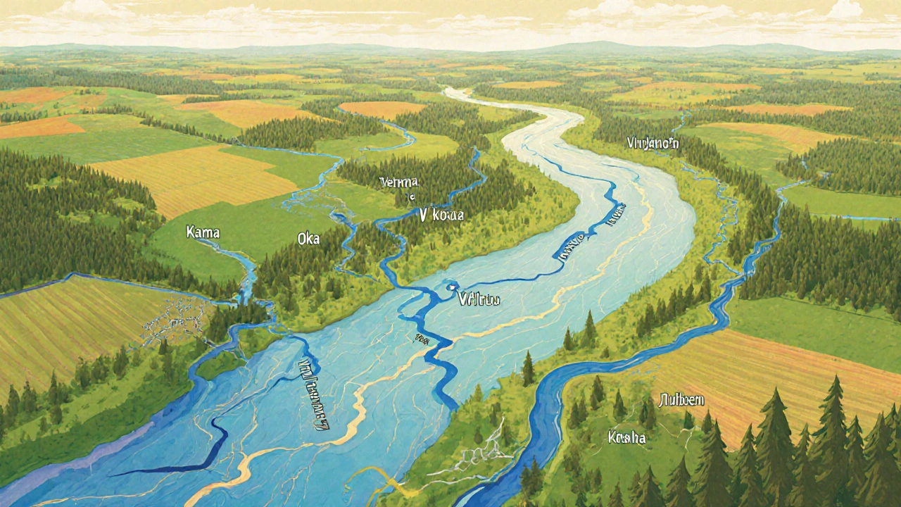 Крупные притоки Волги — Кама, Ока, Ветлуга — сливаются в реку, как кровеносные сосуды.