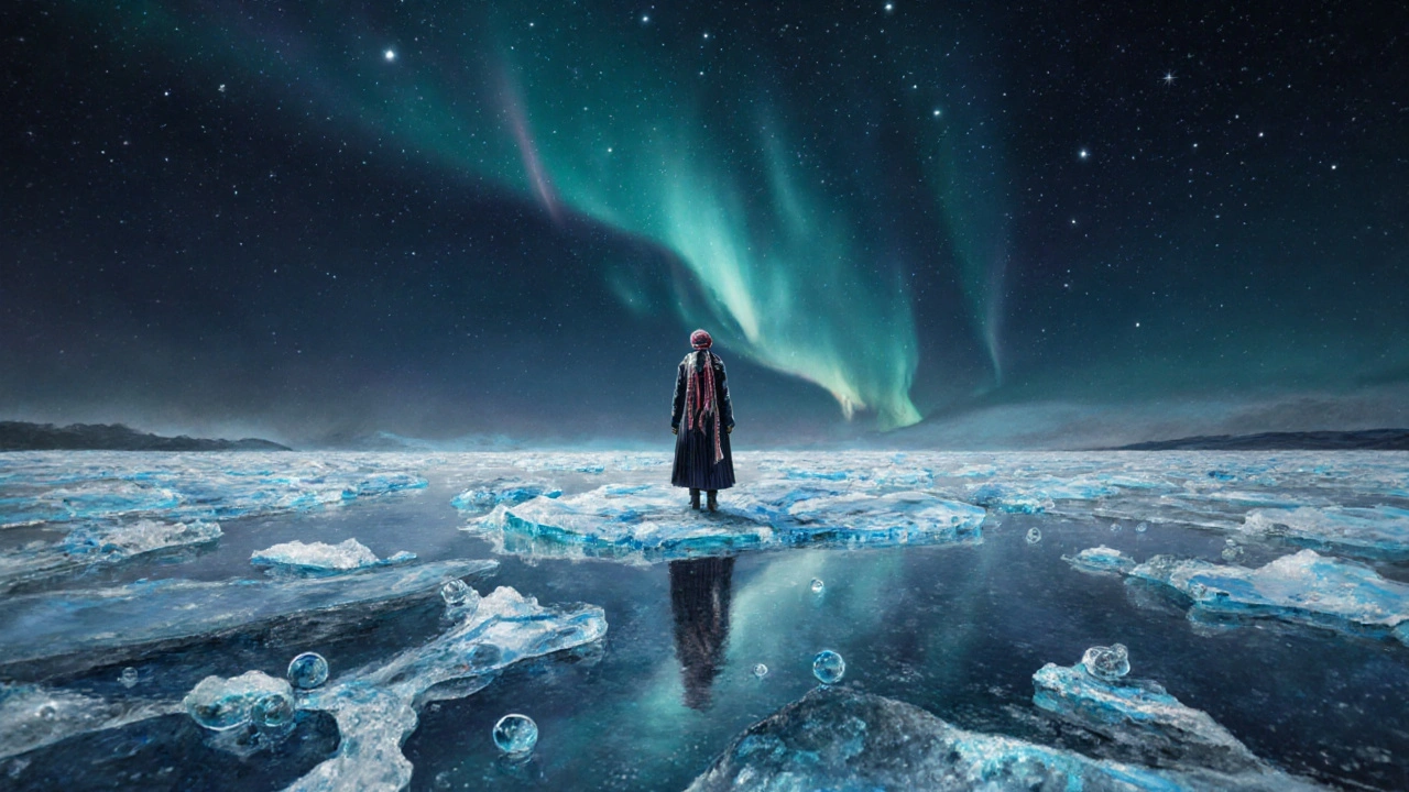 Лед Байкала зимой с пузырьками под поверхностью и фигурой на льду.