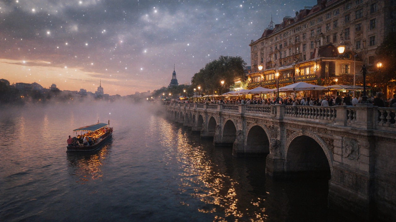 Набережная в Самаре с классической архитектурой и современным световым освещением.