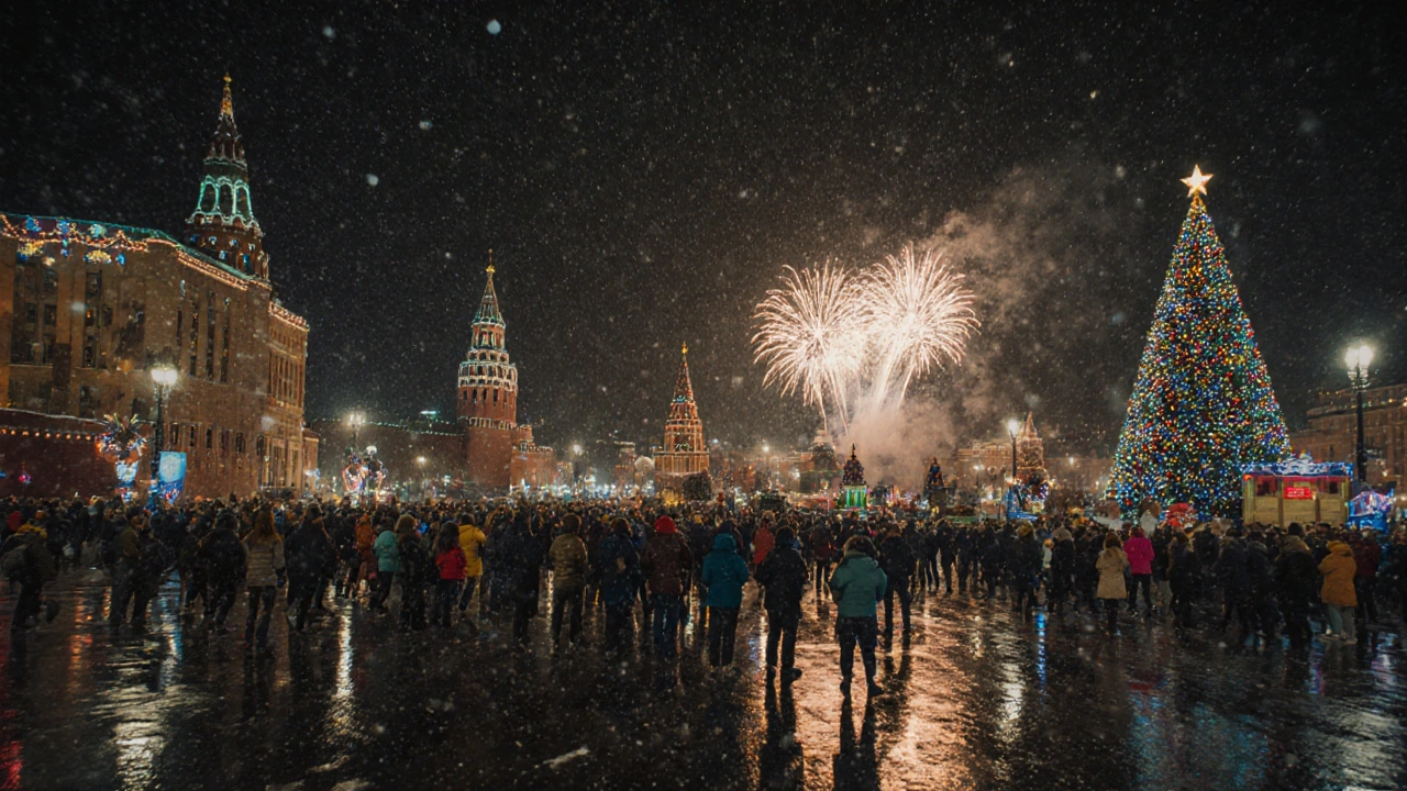 Новогодняя Красная площадь ночью: толпы, елка и фейерверки над Кремлем под снегом.