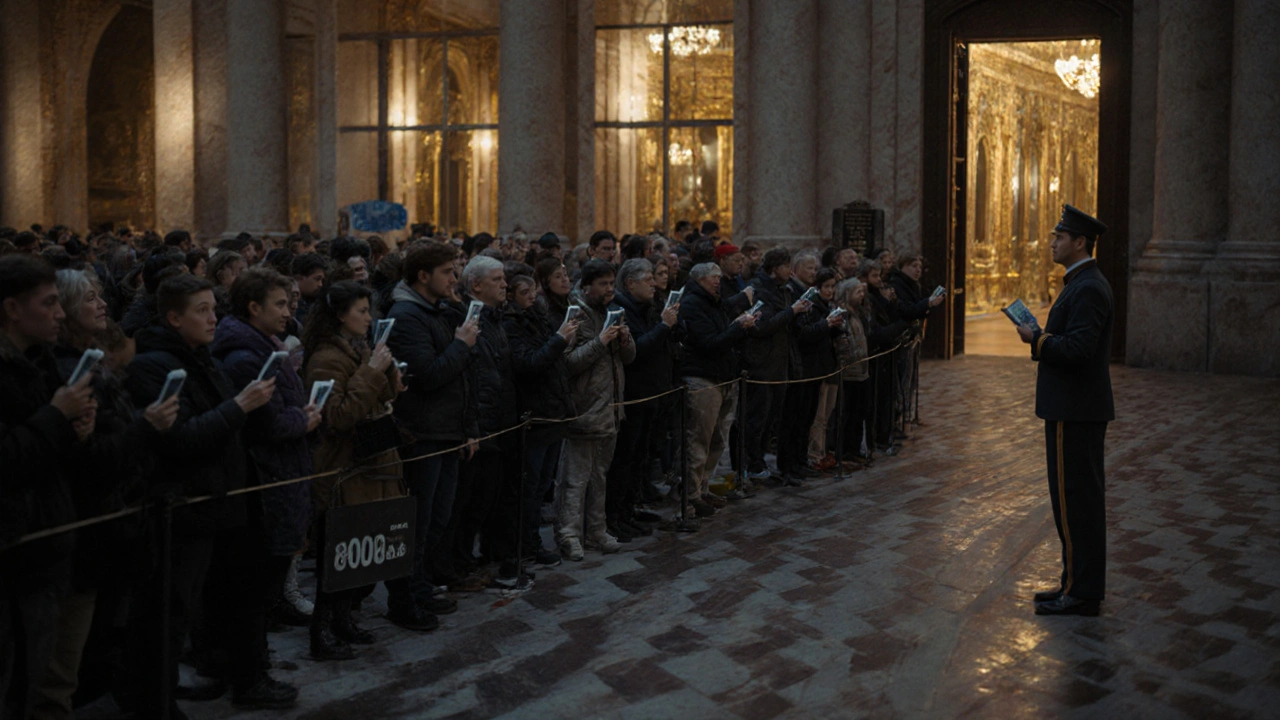 Очередь в Эрмитаж в пик сезона: сотни туристов ждут входа, внутри — сияющие залы музея, на переднем плане — аудиогиды.