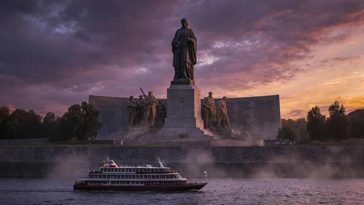 Панорама Мамаева кургана в Волгограде с памятником «Родина-мать зовет!» и круизным теплоходом на реке в сумерках.
