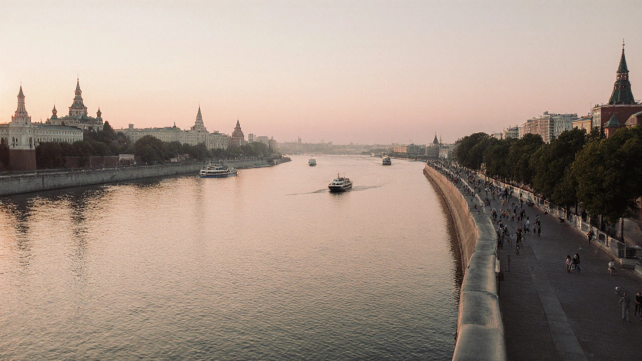 Панорама набережной Казанского кремля с бесконечной рекой Волга на фоне утреннего света.
