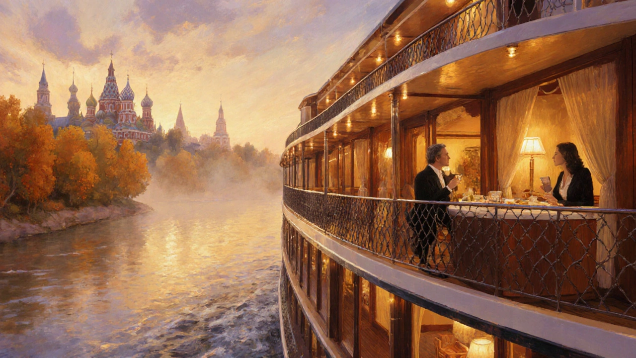 Парочка на балконе премиум-теплохода пьёт чай, наблюдая за золотыми лесами Волги.