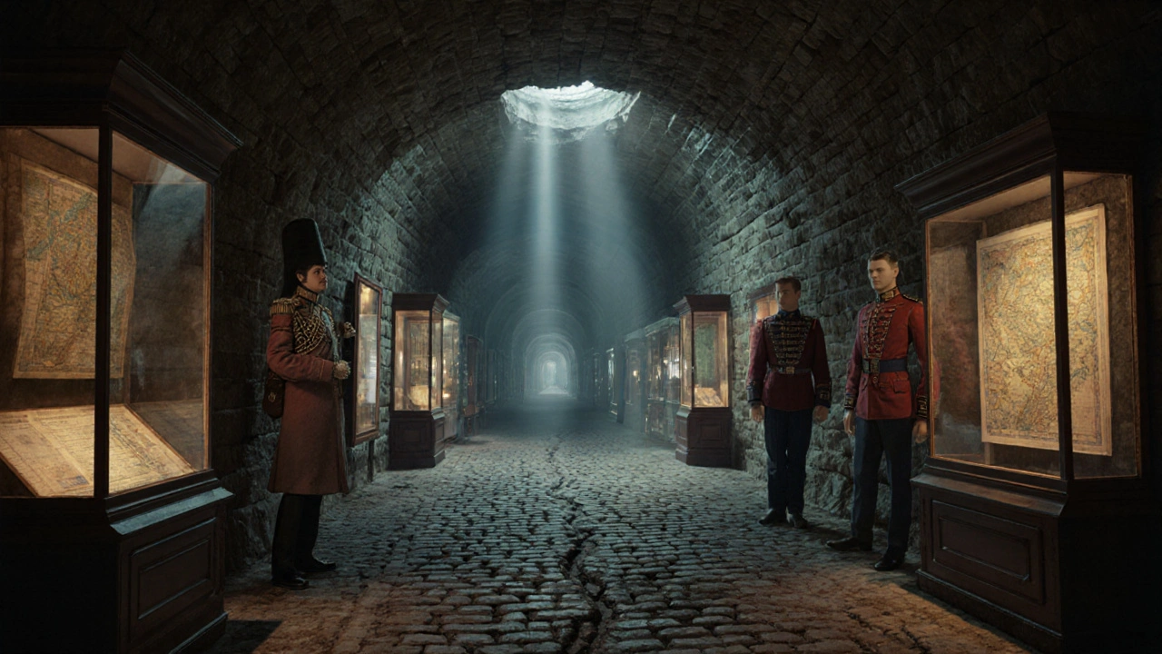 Подземный музей под ГУМом: старинные артефакты и брусчатка в таинственном свете.