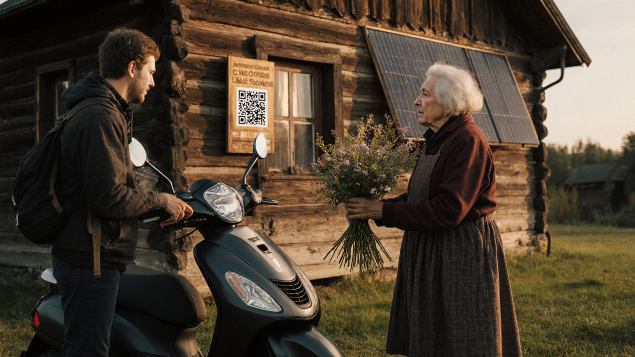 Пожилая женщина в деревне Псковской области дарит туристу букет из полевых цветов, рядом — электроскутер и умный дом.