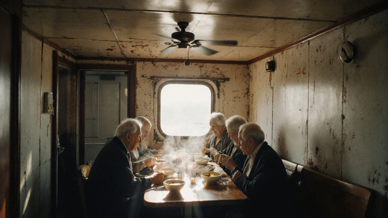 Пожилые пассажиры едят в простой каюте бюджетного теплохода на Волге.
