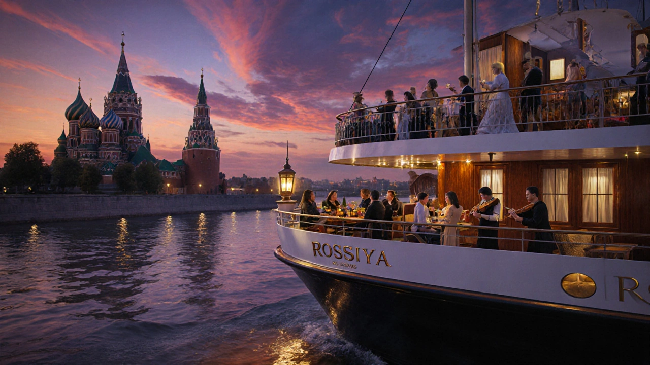 Премиум-теплоход плывёт мимо Казанского кремля и острова Кижи при закате, гости на балконах.