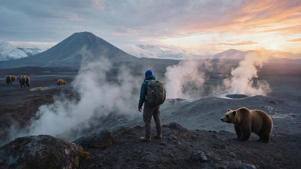 Путешественник на вулкане в Камчатке, вокруг — гейзеры и медведи в дикой природе.