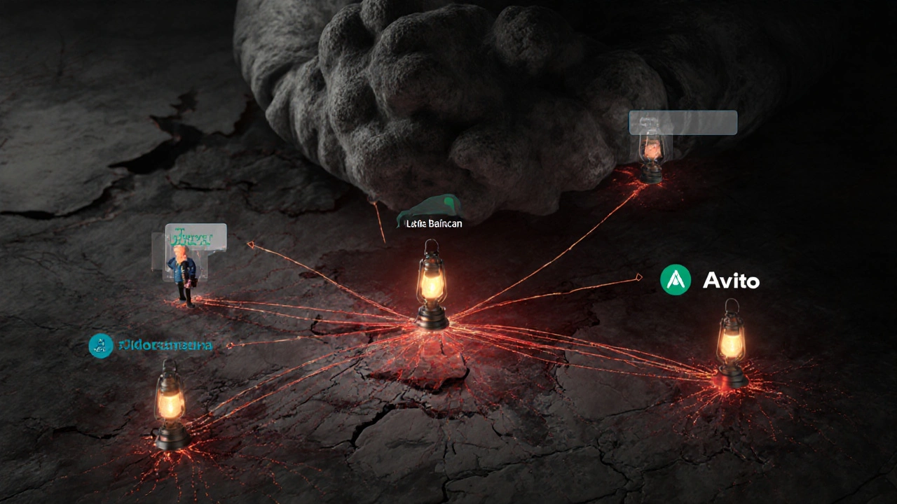 Разрушенная карта России с огоньками в деревнях, затененная бюрократией.