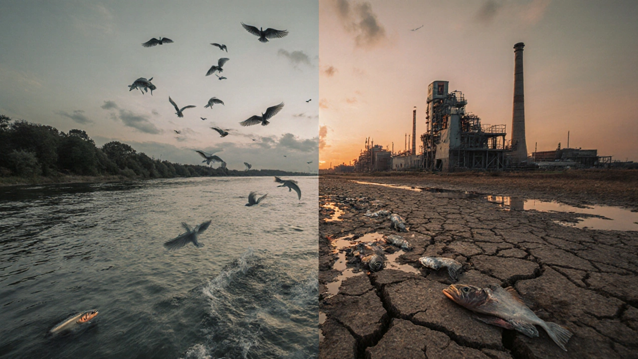 Река Волга разделена пополам: одна сторона — живая, другая — высохшая и загрязнённая.