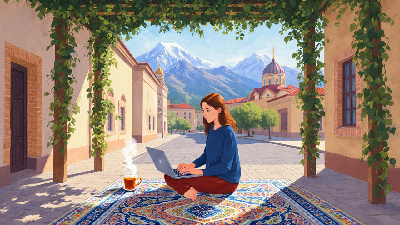 Россиянка работает за ноутбуком во дворе в Ереване, на фоне гор и виноградной лозы.