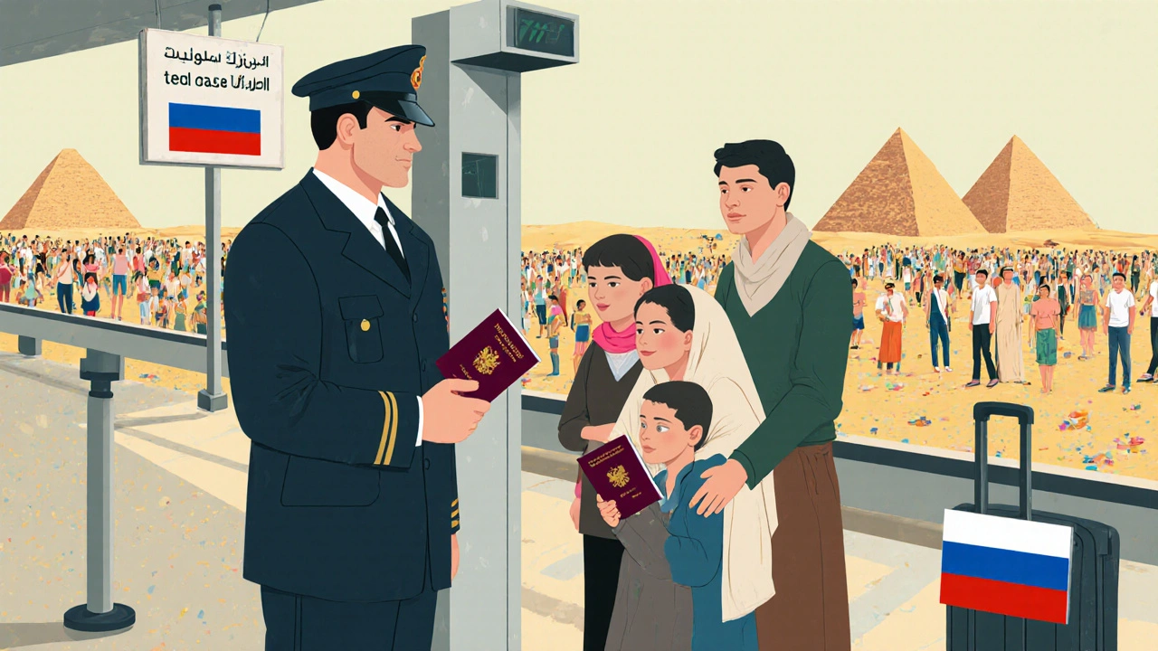 Российская семья проходит строгую проверку в аэропорту Египта под тусклым небом.