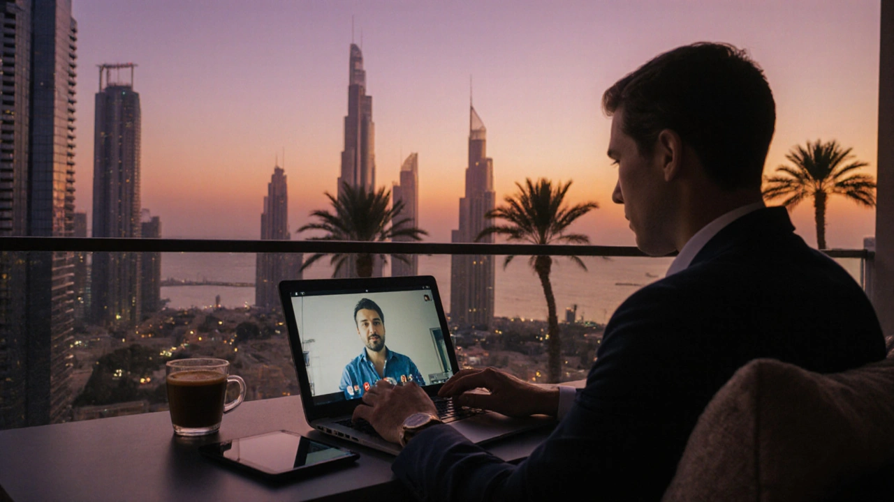 Российский цифровой кочевник работает на балконе в Дубае с видом на небоскребы и море.