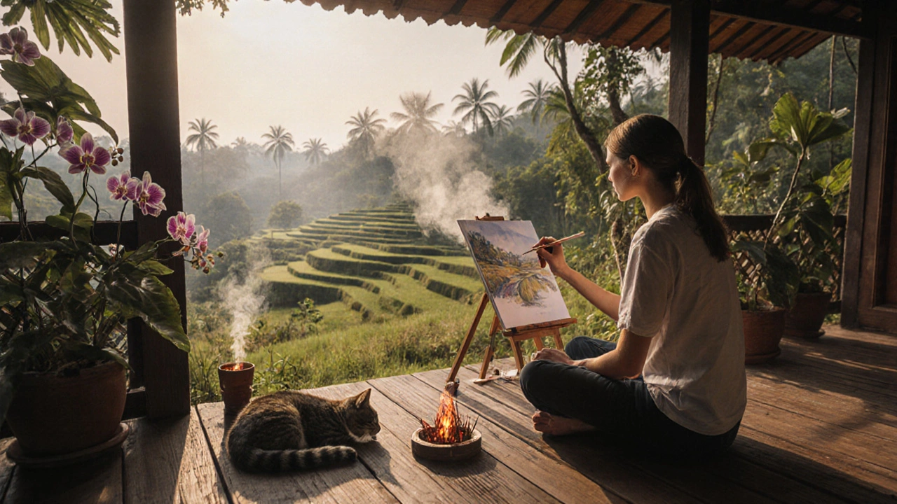Российский художник рисует в Убуде, Бали, вокруг — тропическая зелень и дым курильницы.