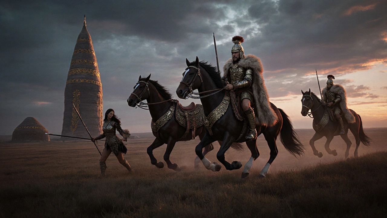 Сарматские всадники на конях с оружием и золотыми украшениями, на фоне курганов в степи у Волги.