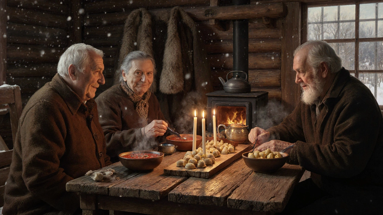 Семья за ужином в сибирском доме: борщ, пельмени, свечи, тепло и тишина за окном.