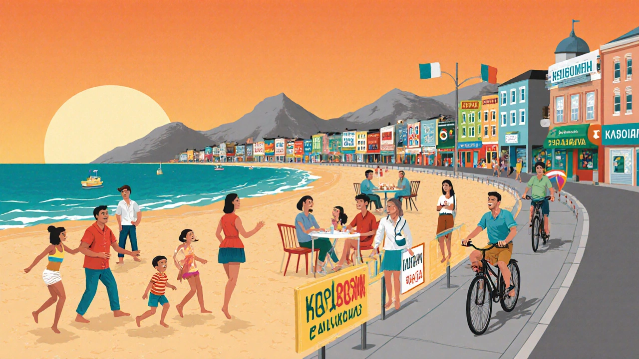 Семьи из разных стран отдыхают на пляже Крыма при закате.