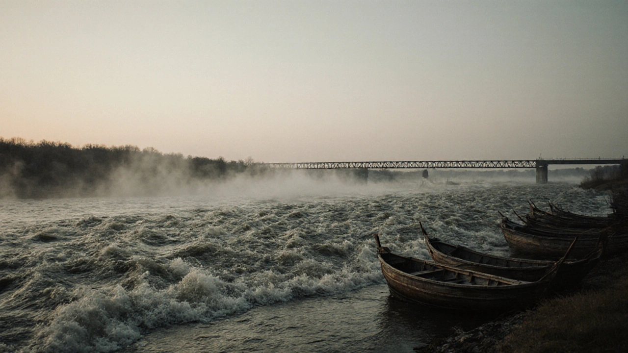 Слияние Волги и Камы на рассвете, с рыболовными лодками и рыбопропускным сооружением.