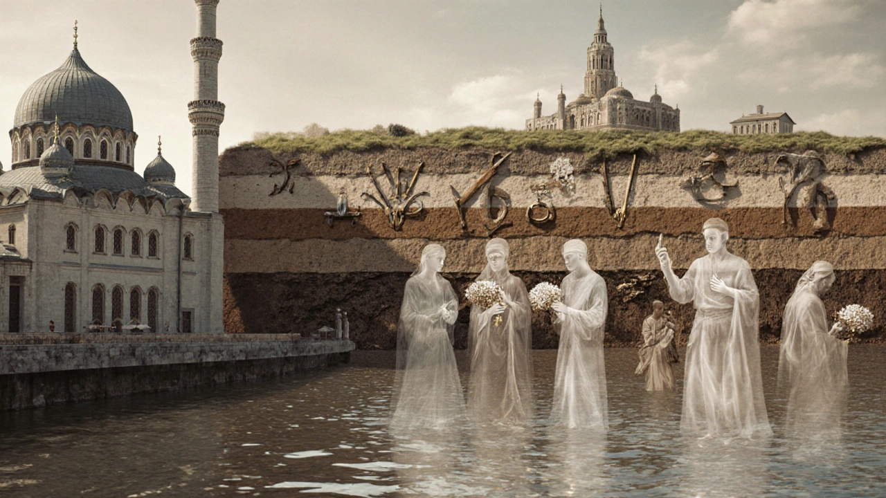 Современный берег Волги с мечетью и собором, а в воде — прозрачные образы древних народов, живших здесь.