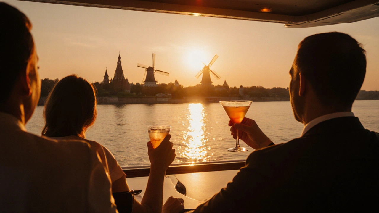 Современный речной лайнер с гостями на балконе, на фоне заката и кремля в Астрахани.