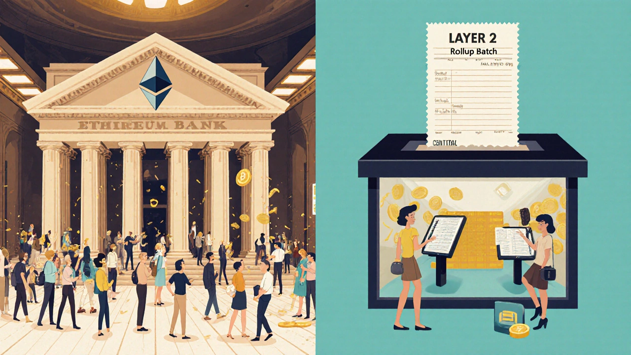 Сравнение старого банка с медленными операциями и современного отделения с мгновенными переводами, иллюстрирующее Layer 2.