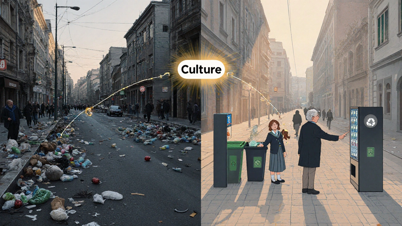 Сравнение загрязнённого города и чистого Сургута — культурный сдвиг к экологической ответственности.