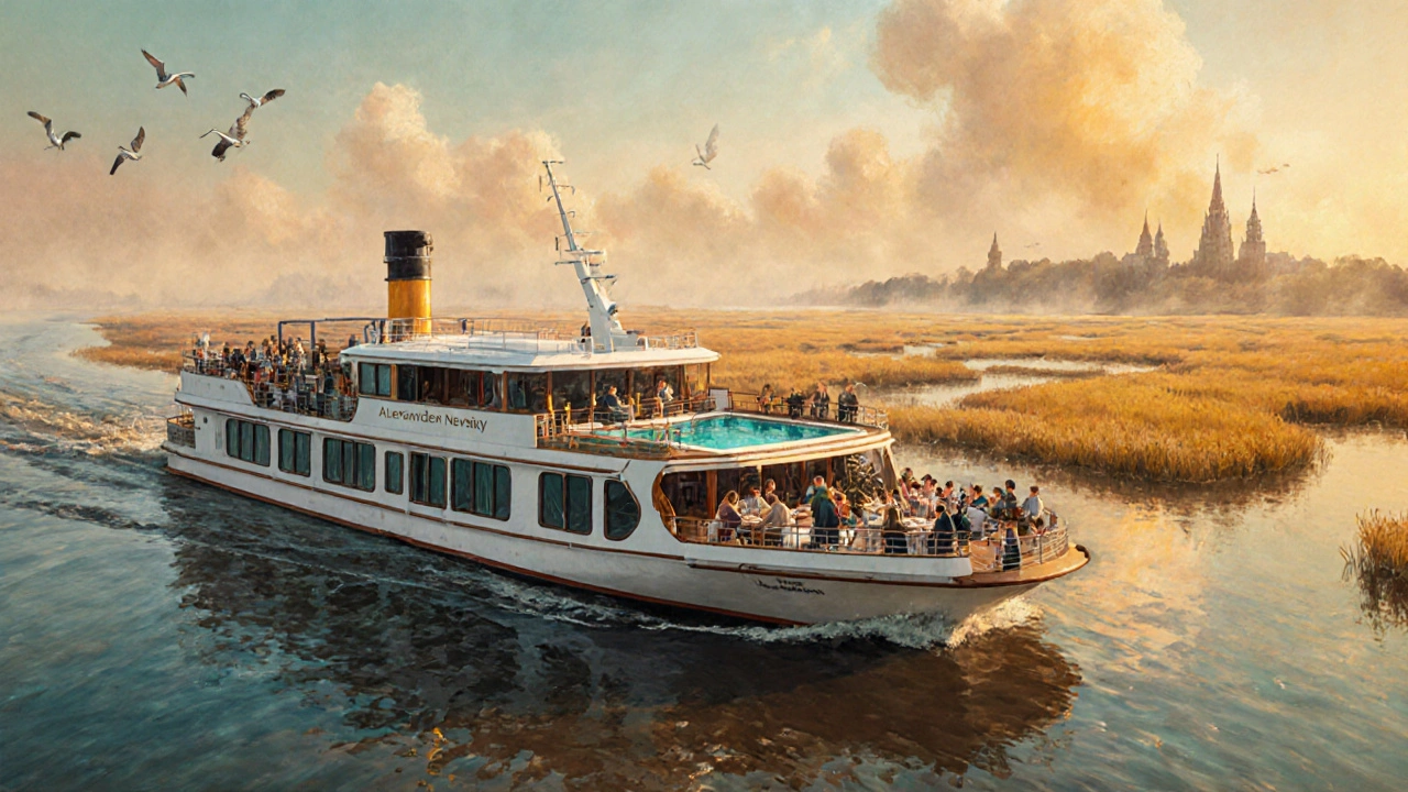 Средний круизный теплоход в дельте Волги, пассажиры на палубе наслаждаются ужином при закате.