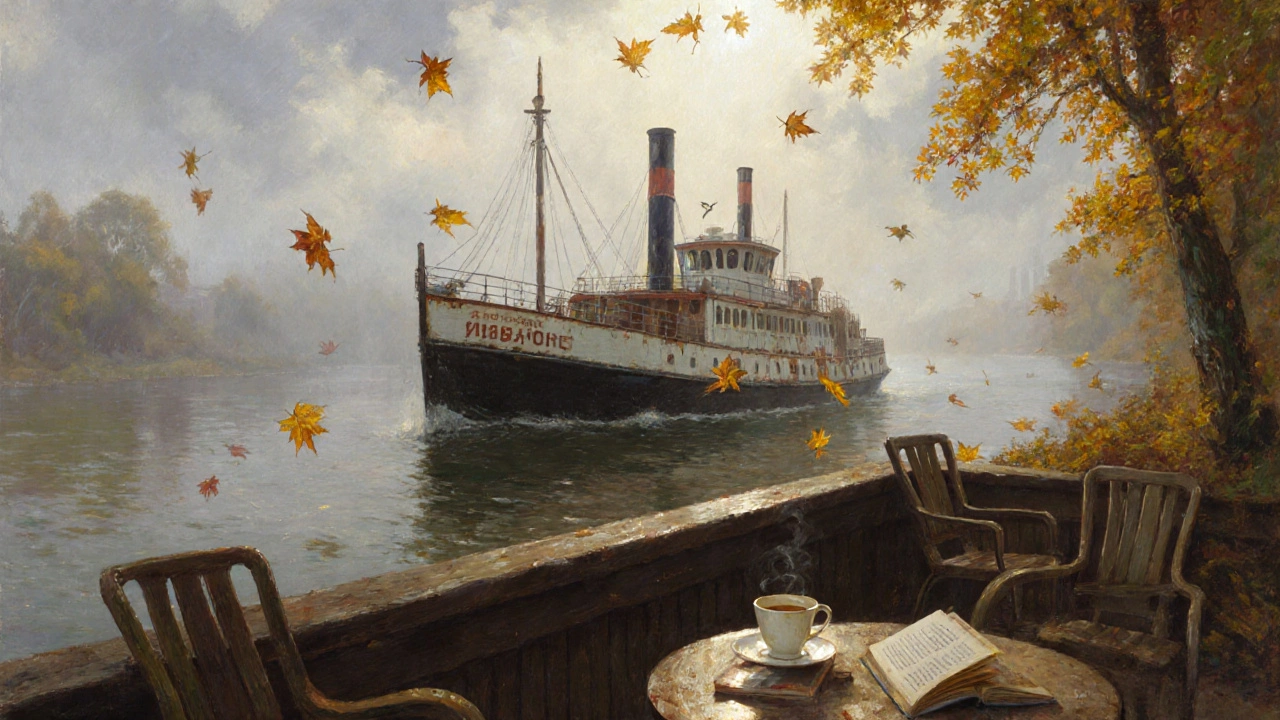 Старое советское судно в тумане осени, пустые стулья на палубе, чашка и книга на столе.