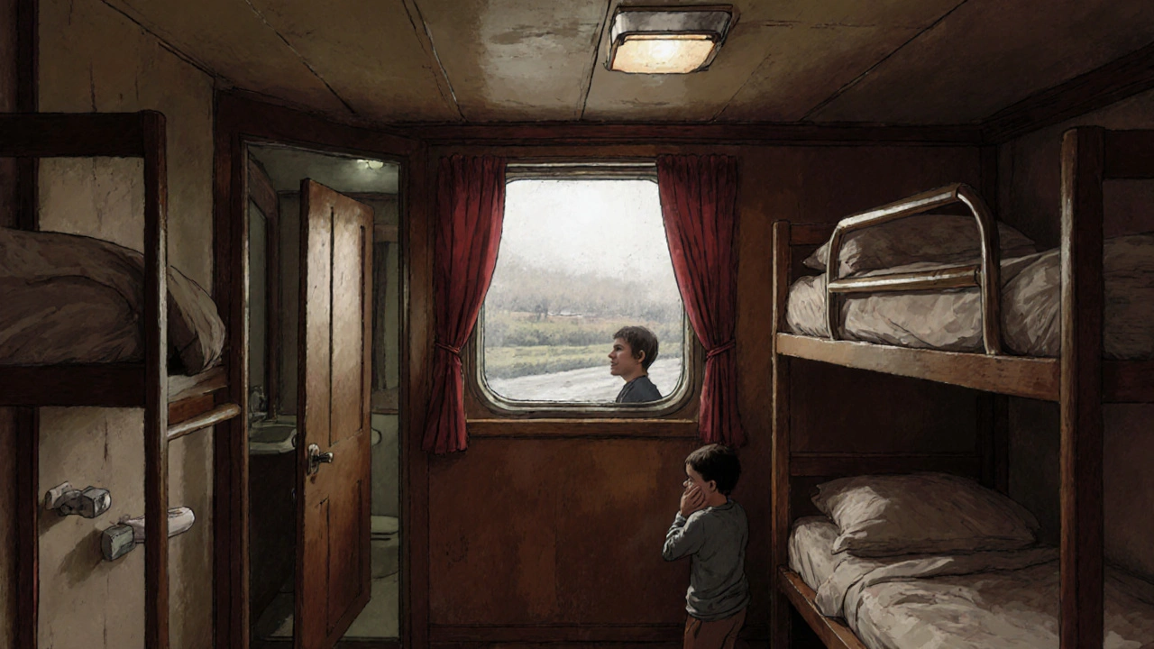 Тесная каюту на реке Волга с двумя койками, ребенок плачет, взрослый смотрит в запотевшее окно.