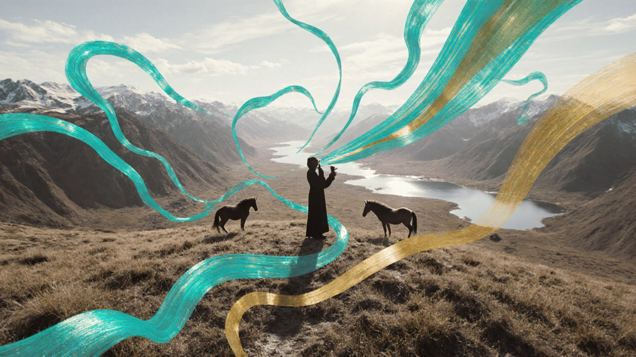 Тувинский горловое пение, звуковые волны сливаются с горами и небом.