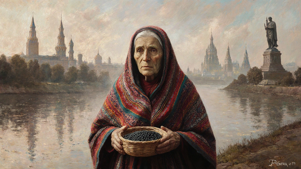 Женщина на берегу Волги с икрой, за ней — силуэты городов, отражающих культуру реки.