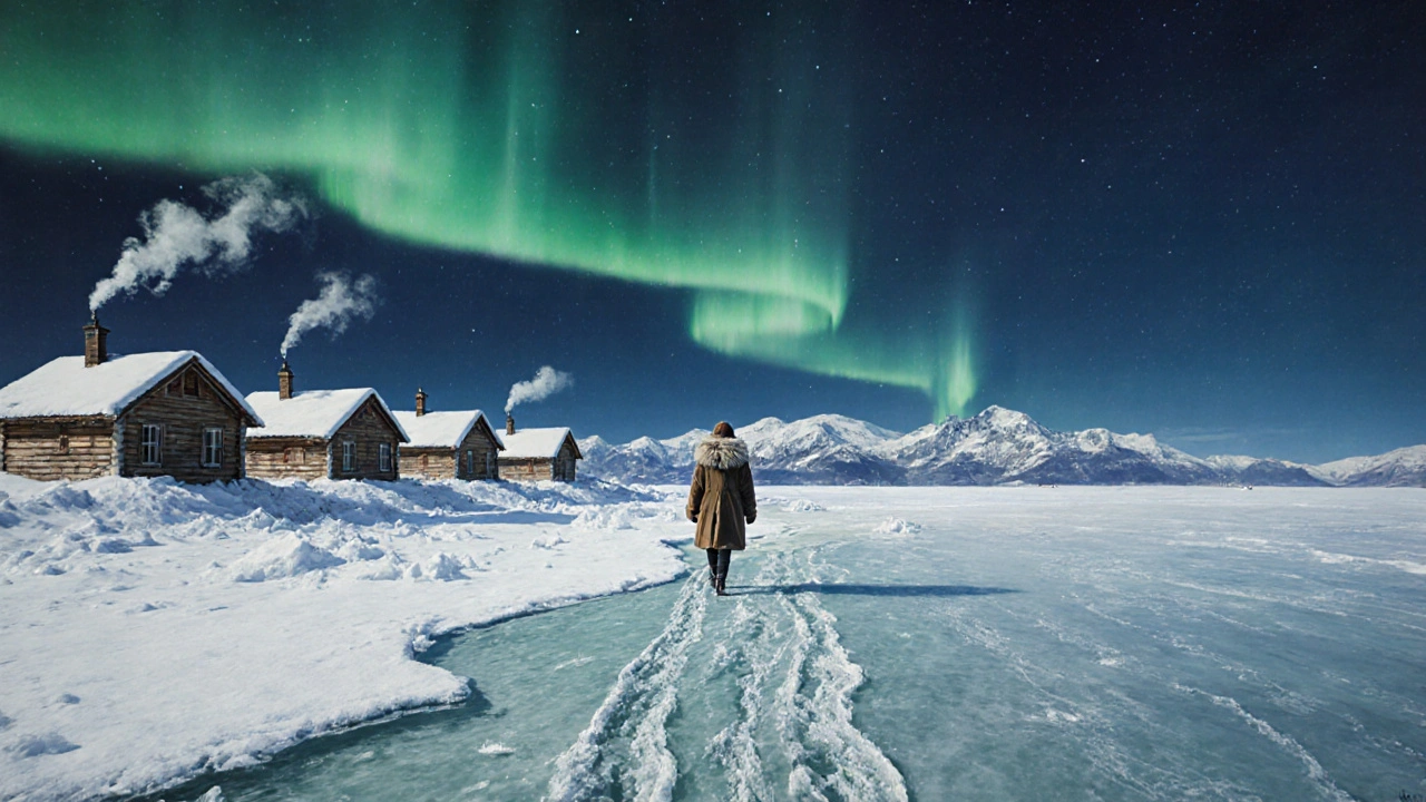 Зимний Байкал: человек идёт по льду, вокруг — горы и древние деревянные дома на берегу.