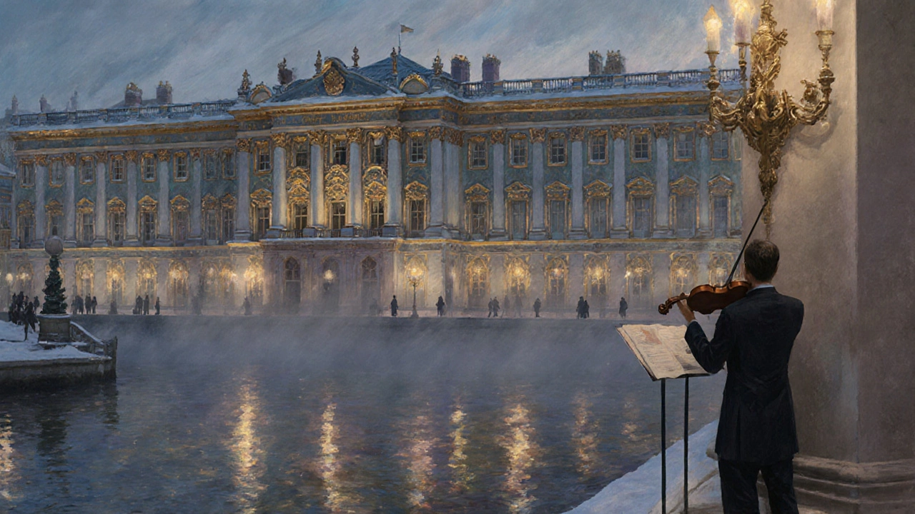 Зимний дворец в Санкт-Петербурге при свете фонарей, посетители в залах Эрмитажа, скрипач на фоне реки Невы.